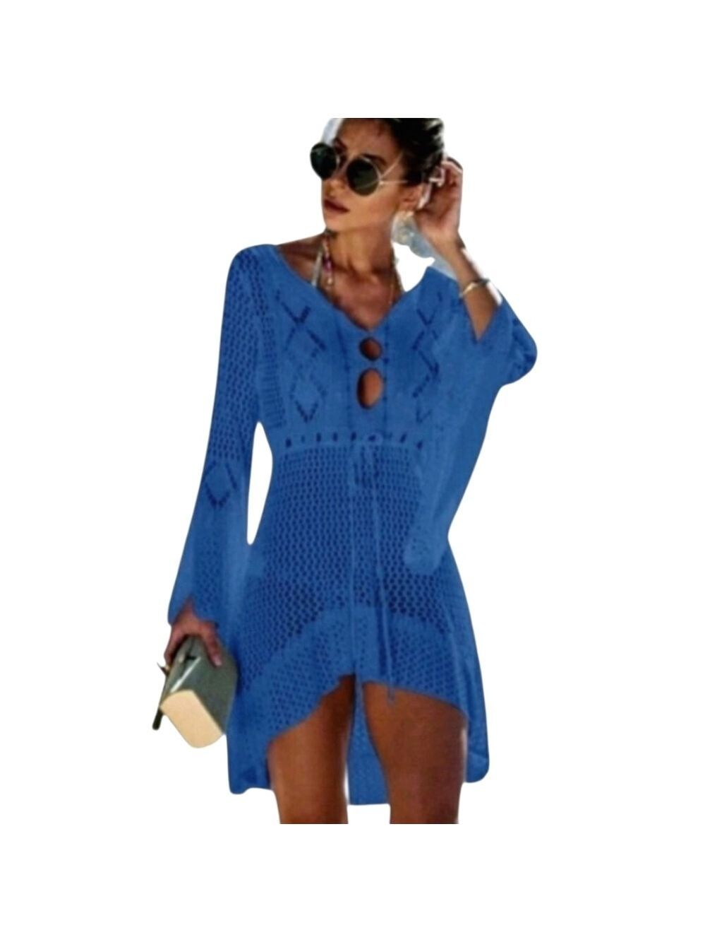 TRÏBE Crocheted lace high low swimsuit cover up  beach dress navy blue O/S NWT